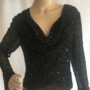 Black Sequin Top with Cowl Neck & Bell Cuff